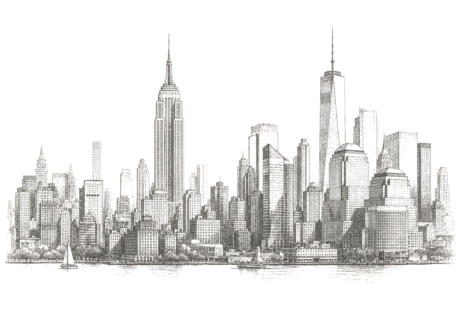 Pencil sketch of the New York City financial district skyline